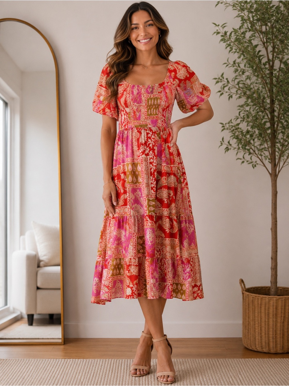 Meet Me in Santorini NWT Boho Puff Sleeve Midi Dress | Size M